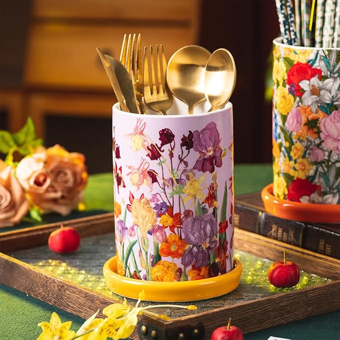 WAIT FLY Floral Porcelain Kitchen Utensil Holder with Bottom Flatware Storage Organizer Utensil Crock for Countertop Kitchen Counter Decor-Purple