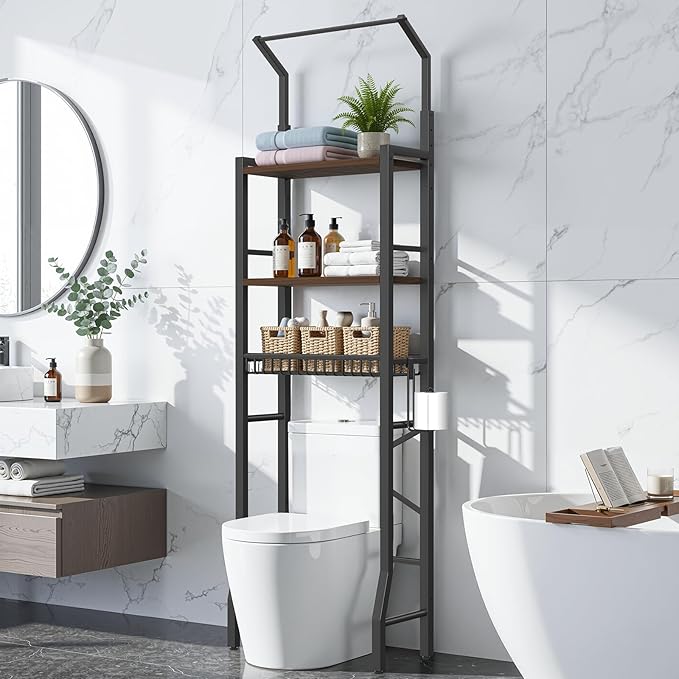 Over-The-Toilet Storage Rack, 3-Tier Bathroom Organizer Shelf Over Toilet with Adjustable Shelf and Basket, Freestanding Space Saver Bathroom Shelves Above Toilet for Room