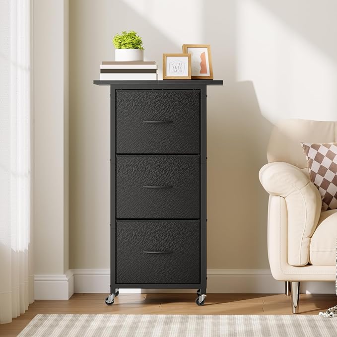 3 Drawer File Cabinet, Vertical Filing Cabinet with Wheels, Printer Stand with Non-Woven Fabric Drawer, Adjustable Hanging Rods, fits A4/Letter Size, for Home Office, Black FCBK5901