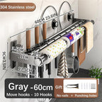 Hanging Wall Mount knife Wall Mount, Kitchen Organizer Storage Shelf for Utensils Spatula Spoon, Space-Saving Knife Rack with Hooks,Wall-Mounted Utensil Holder (Grey, 60CM+Three Poles+10Hooks)