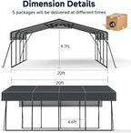 Heavy Duty Metal Carport, 20 x 20FT Outdoor Carport with Galvanized Steel Frame and Roof, Multi-Use Car Shelter for 2 Cars, Pickup, Tractors, Gray