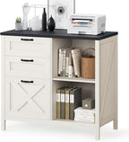3 Drawer File Cabinet, Farmhouse Lateral Filing Cabinet Fits Files Letter or A4 Size, Wooden Printer Stand with Open Storage Adjustable Shelf for Home Office, White and Black