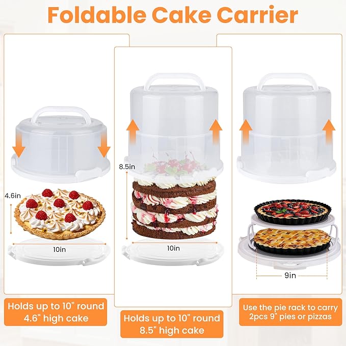 Foldable Cake Carrier with Portable Insulated Bag(Lightweight), Plate Stacker and Non-slip Silicone Trivet Mats, Holds up to 8.5in High and 10in Round Cake or 2pcs 9in Pies