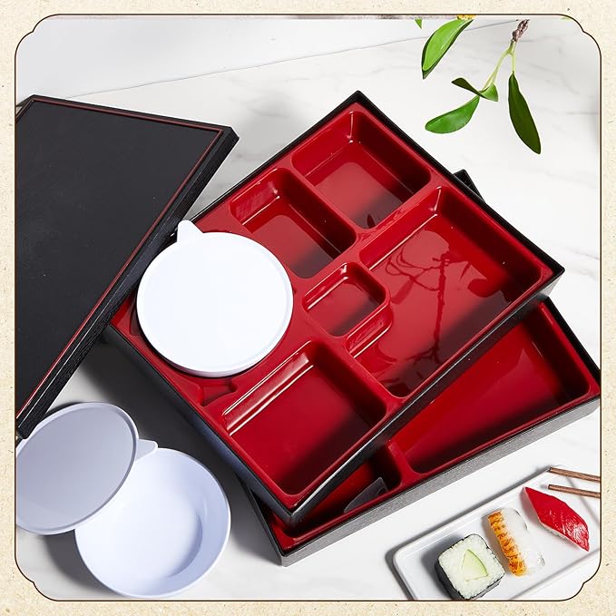 2 Pcs 12 x 9.5 x 2.2 Inch Japanese Lunch Box 6 Compartments and Bowl Divided Bento Box with Greaseproof Adult Japanese Bento Lunch Container Sushi Home Restaurant