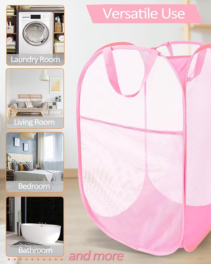 Durable Collapsible Laundry Baskets - Reinforced Mesh Pop Up Laundry Hamper with Pocket, Foldable Dirty Clothes Hamper with Carry Handles for Laundry, Bathroom, Kids Room, Dorm or Travel Pink+Grey