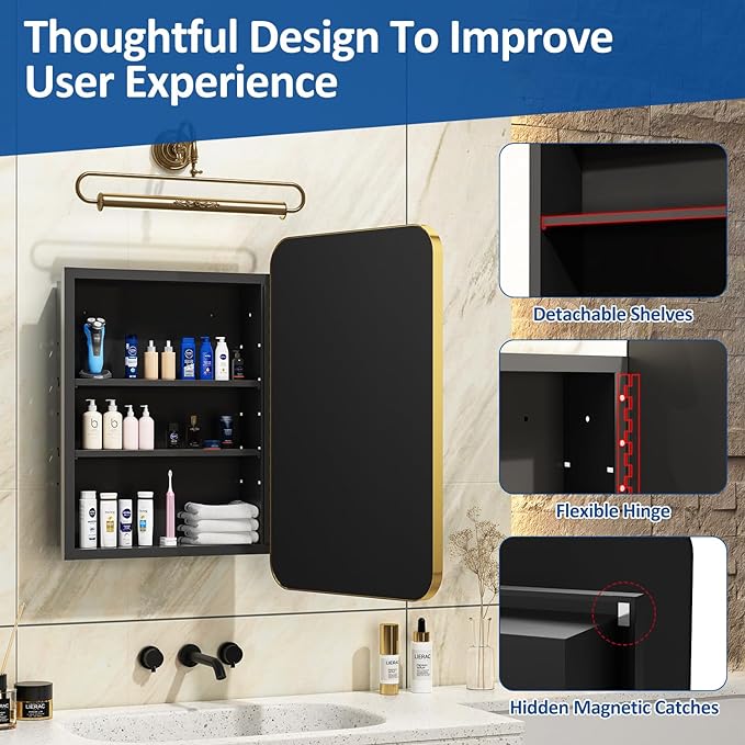 20x28 Inch Gold Recessed Medicine Cabinet with Mirror Metal Framed Surface Wall Mounted Bathroom Medicine Cabinet Mirror with Storage