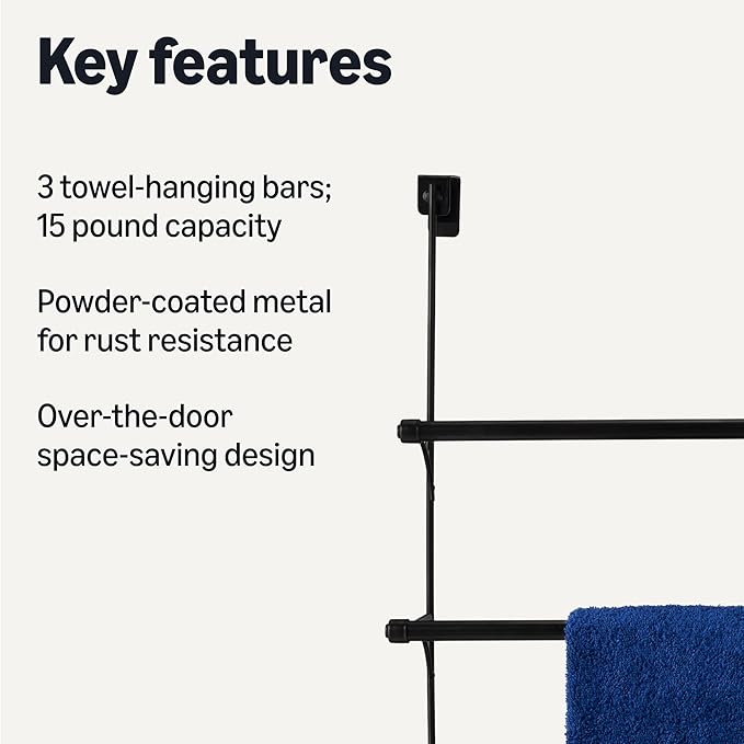 Amazon Basics Over-the-Door Towel Rack with Hooks, 19.3W x 6.6D x 24.8H inch, Black