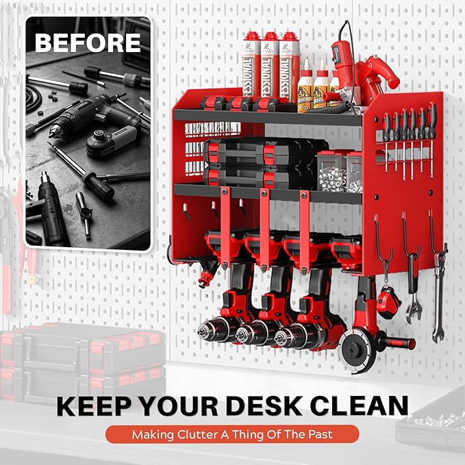 Power Tool Organizer Wall Mount - 120Lbs Load 3 Layers Storage Rack 4 Drill Holders for Drills Cordless Heavy Duty lron Garage Tool Organizer Storage - Workshop Shed Pegboard Basement, Gifts for Men