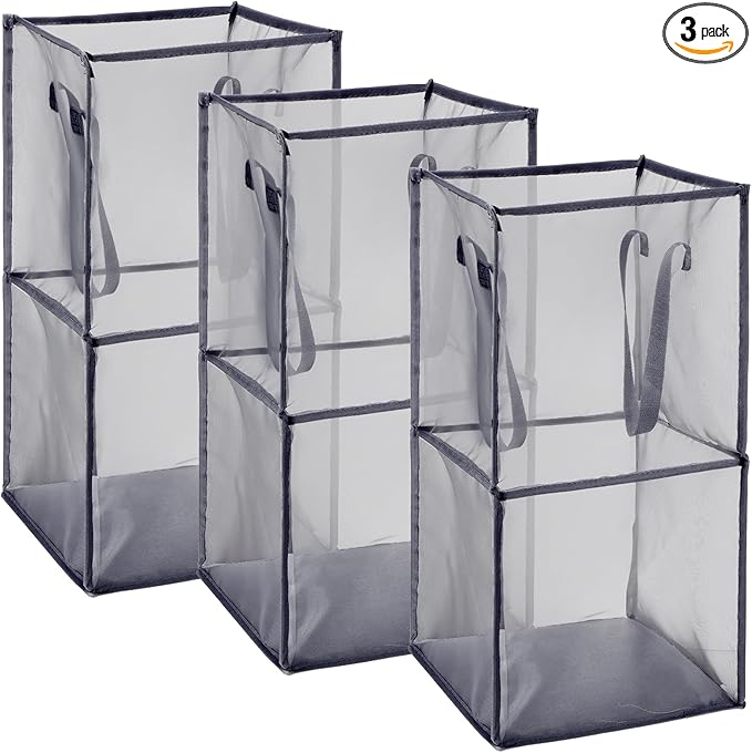 Zopeal 3 Pack Popup Laundry Hamper 13 Inch Collapsible Laundry Baskets with Handles Mesh Clothes Baskets Portable Foldable Clothes Hamper Square Bin for Washing (Grey,Double-layer)