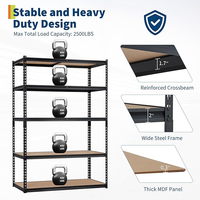 2500 LBS Heavy Duty Garage Storage Shelves, 5-Tier Adjustable Metal Shelving Unit, Storage Rack for Kitchen, Pantry, Basement, Bathroom & Laundry, 48" L x 24" W x 72" H