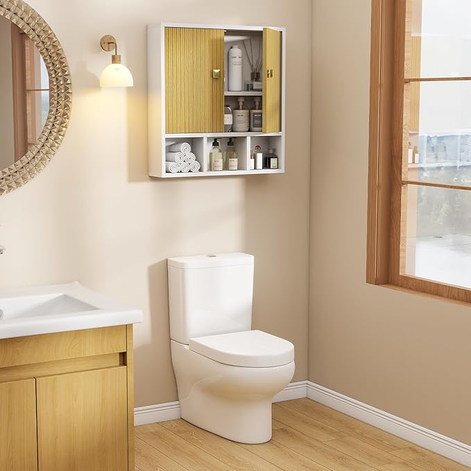 Bathroom Wall Cabinet,Wooden Medicine Cabinet with Fluted Doors Over The Toilet Storage Cabinet with Adjustable Shelf for Bathroom,White
