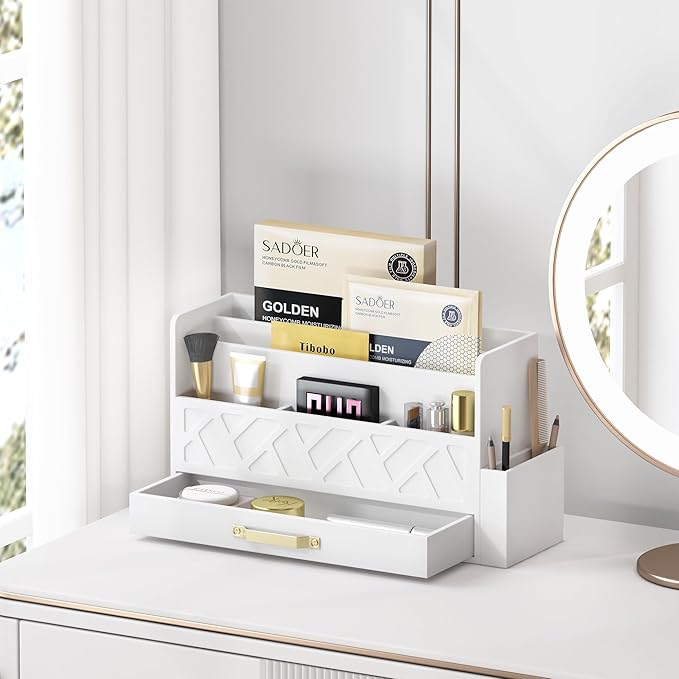 Wooden Desk Organizer,Desktop Organizer File Sorter for Office Supplies, Mail Organizer with Drawer,Desk Accessories & Workspace Organizers for Women （White）