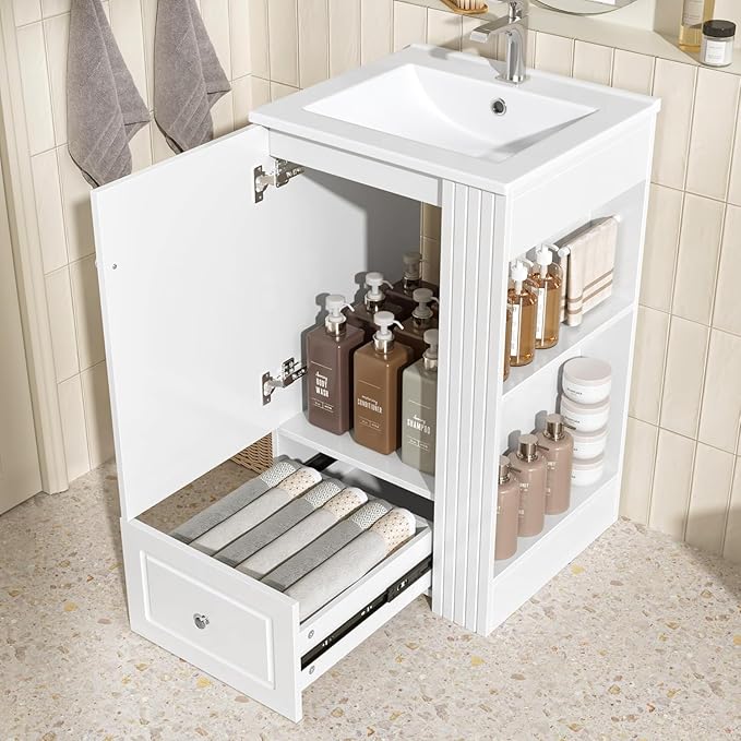 20 in Small Bathroom Vanity with Sink,Drawer,Doors and Side Storage & Toilet Paper Holder, Solid Wood & MDF Modern Single Bathroom Sink Cabinet with Drawers,Freestanding (White,20 in)