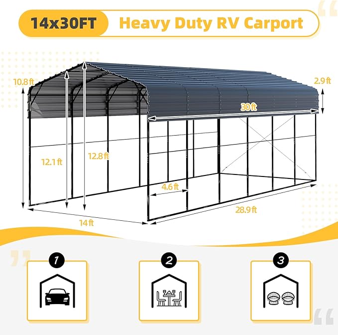 EROMMY 14'x30' RV Carport, Heavy Duty Car-Port with Reinforced Metal Frame, Weather-Resistant Galvanized Steel Roof Shelters, Outdoor Car-Shed for RV, 2 Vehicles, Truck, Boat and SUV, Gray