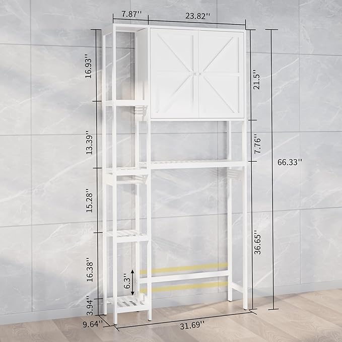Bamboo Over The Toilet Storage, Above Toilet Organizer Storage Shelf, Tall Freestanding Behind Toilet Rack, Tiered Bathroom Space Saver Shelving, Easy Assembly (White)