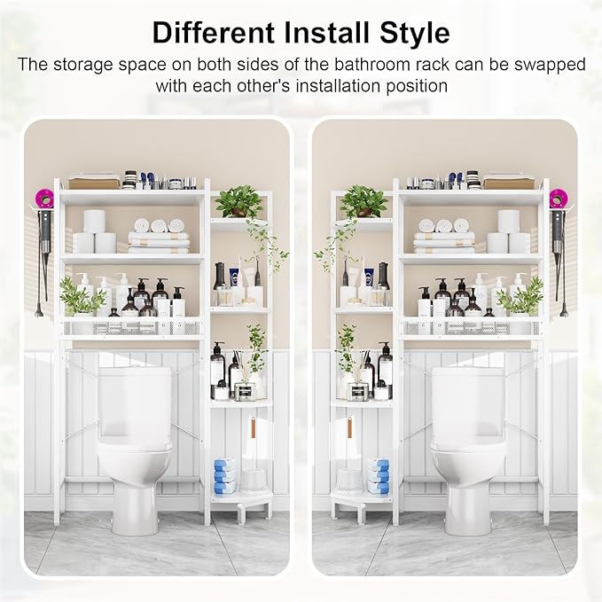 K1 Heavy Duty 7-Tier Over The Toilet Storage（With Basket and Paper Hook）Freestanding Above Toilet Shelf with Adjustable Feet，Space Saver Bathroom Shelves 9.3"D x 33.5"W x 63.8"H，Beige White