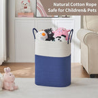 Laundry Basket with Handles - Blanket Basket & Hampers for Bedroom Aesthetic, Laundry Hamper & Blanket Storage for Living Room, Clothes Hamper, Tall, Large 17" x 14" x 23”, White & Dark Blue