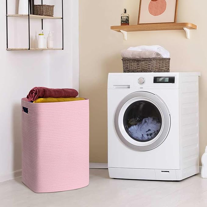 Large Laundry Hamper 16"x13"x22" - Tall Woven Laundry Basket, Cotton Rope Dirty Clothes Hamper, Baby Kids Nursery Wicker Laundry Basket, Bedroom Aesthetic, Soft Laundry Bin, Pink Hamper, 75L