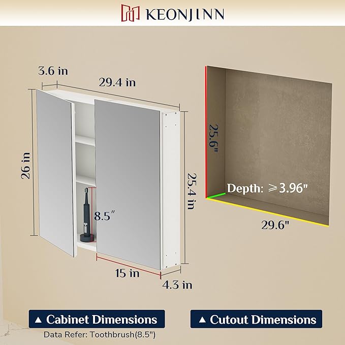 Keonjinn 30 x 26 Inch Black Medicine Cabinet, Bathroom Medicine Cabinet with Mirror, Lightweight Aluminum Structure, Assembly Required, in Wall or Wall Mount, Free Adjustable Shelves, Tempered Glass