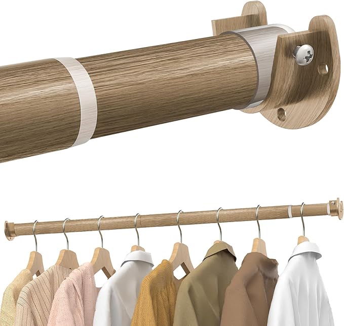 Closet Rods for Hanging Clothes, 17 to 39 Inches Stepless Adjustable Metal Closet Rod, 1.3 Inches Heavy Duty Clothes Hanging Rod for Closet Wardrobes Laundry RV(Wood Grain)
