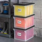 Sterilite File Box, Stackable Storage Bin with Lid, Organize Receipts, Bills, Taxes and Papers in the Home, Office, Clear Base with Black Lid, 12-Pack