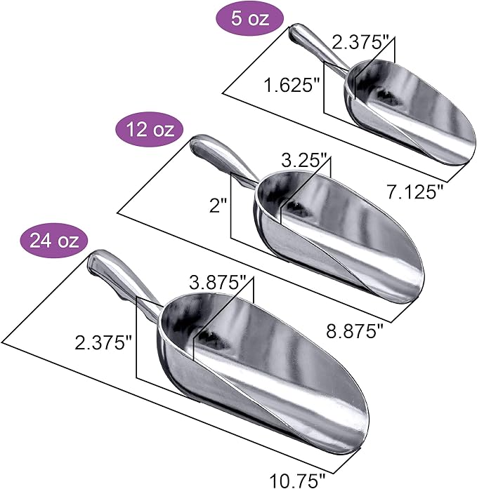 Amazing Abby - Elsa - Aluminum Ice Scoops (3-Piece Set), Cast Aluminum Utility Scoops, 5/12/24-Ounce Capacity, Food-Grade, Good for Home and Commercial Use, NOT Dishwasher-Safe, Hand-Wash Recommended