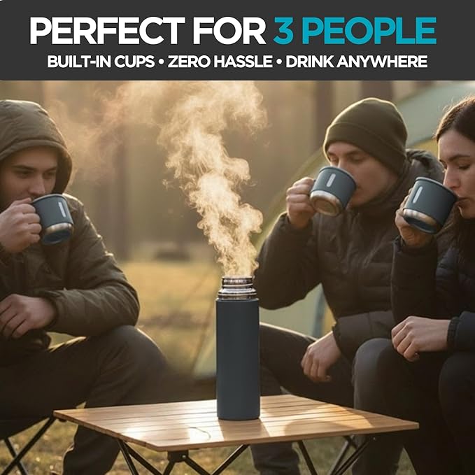 Blue Vacuum Flask Gift Set, Stainless Steel Insulated Water Bottle w/ 3 Cups, Hot & Cold Drinks Coffee Thermo Water Bottle, Reusable Thermal Cup for Outdoor Camping Travel, Termos para Agua Fria, 17oz