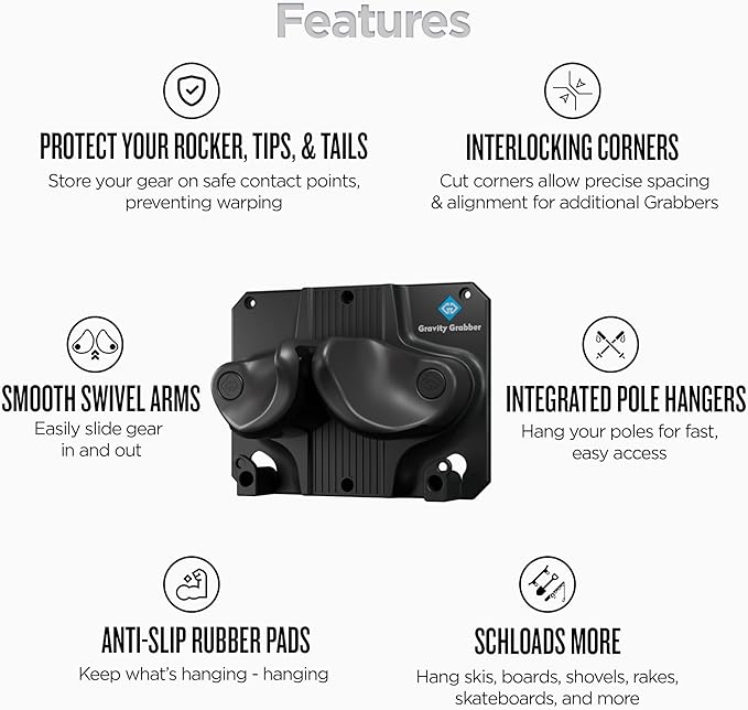 Gravity Grabber The OG Ski & Snowboard Wall Mount Bundle, 3-Pack with Mounting Board, Straps & Bump Bars, Damage-Free Non-Slip Storage Rack, Garage Organization, Winter Gear Organizer, Black Graphite
