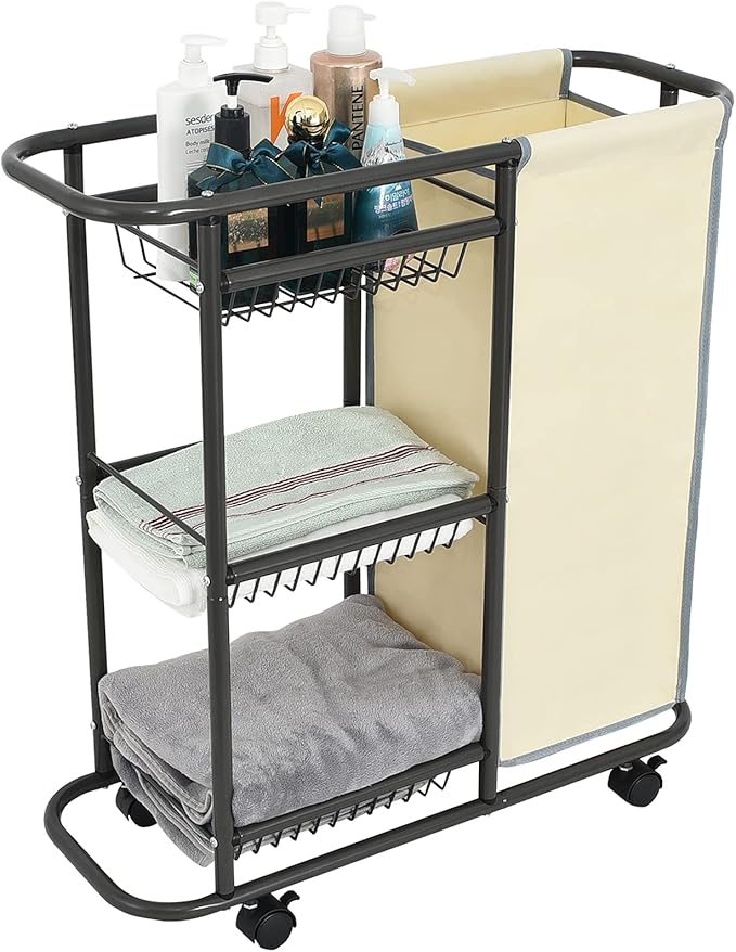Rolling Laundry Basket with 3 Storage Baskets and 45 L Bag, Heavy Duty Laundry Cart with Wheels and Handle, Space Saving Laundry Room Organization for Bathroom Living Room Apartment Dorm