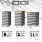 BALEINE Laundry Hamper with Lid, Tall Laundry Baskets with Bamboo Pull Handles, Large Laundry Bin with Internal Support (18 Gal/70L, Grey Pinstripe)