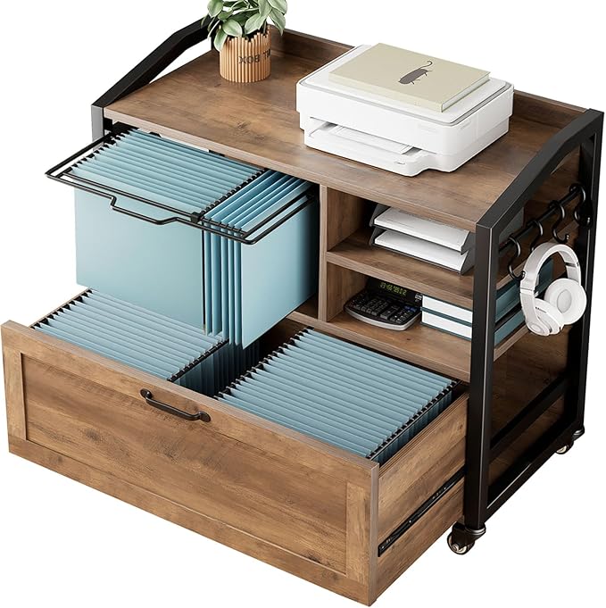 HSH Mobile Lateral File Cabinet with Drawer, Rolling Filing Cabinet for Legal Letter Size, Printer Stand with Storage Shelf, Lockable Wheels, Hanging File Organizer for Home Office, Rustic Oak, 33Inch