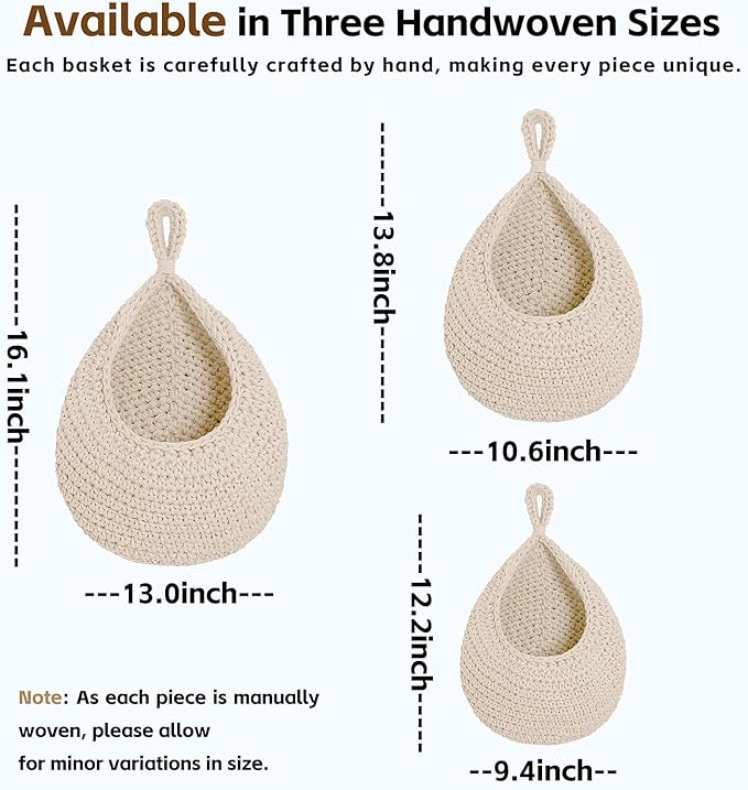 Hanging Storage Baskets Boho Decor Set of 3, Handmade Cotton Rope Wall-Mounted Fruit & Vegetable Baskets, Decorative Hanging Organizers for Kitchen, Entryway, Bathroom & Bedroom