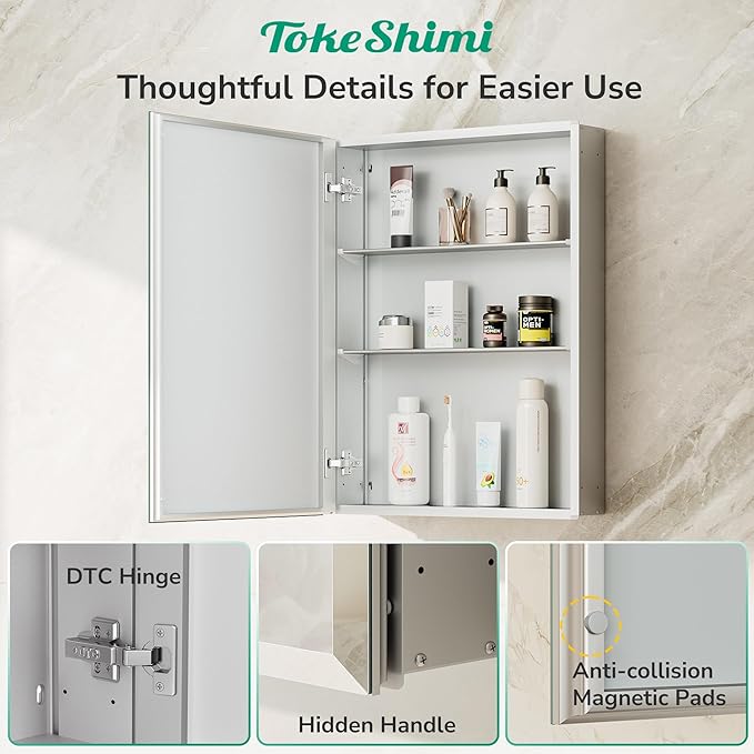 TokeShimi 60 x 32 Medicine Cabinet with Mirror, Assembly Required, Silver Medicine Cabinet for Bathroom, Stepless Adjustable Shelves, DTC Hinge, HD Tempered Glass, Recessed/Surface-Mounted