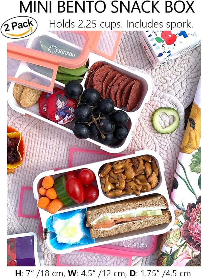 Small Snack Containers for Kids Toddlers - 3 Compartments (Set of 3) - Leak-proof Snack Boxes with Lids - BPA-Free Mini Bento Lunch Box - Ideal for School, Daycare, Holds 2 Cups (Pink Coral + Orange)