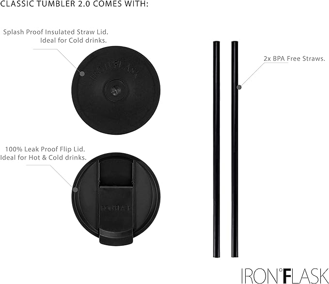 IRON °FLASK Classic Tumbler - Vacuum Insulated Stainless Steel Water Bottle, Double Walled, Drinking Cup, Insulated Travel Mug (Dark Night, 24 oz Solid Lid)