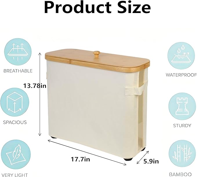 Toilet Paper Storage Basket, Toilet Paper Organizer with Bamboo Lid Handle for Bathroom, Free Standing Toilet Paper Holder Tissue Bin with Visualisation Window (Beige)