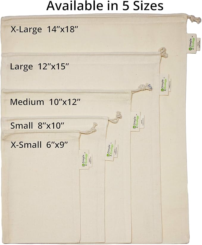 Simple Ecology Reusable Grocery Produce Shopping and Storage Bags, Organic Cotton Muslin, Set of 6 (2 ea. of L, M, S)
