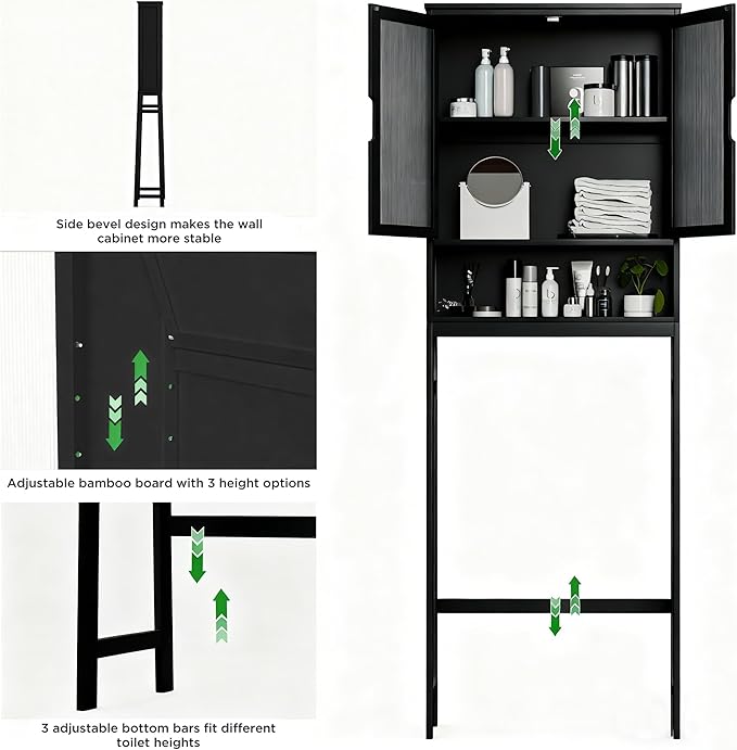 BAMBANG Over The Toilet Storage Cabinet, Bamboo Bathroom Over Toilet Storage Organizer with Adjustable Shelves and Double Doors, Above Toilet Storage Cabinet, Black