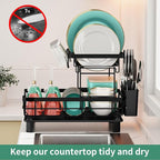 MOUKABAL Dish Drying Rack, Dish Rack, Stainless Steel Dish Racks for Kitchen Counter, Dish Drainer with Removable Utensil Holder, Drainboard (Black,2 Tier,13''W x 17''L)