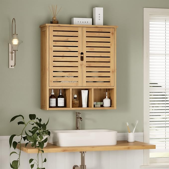 Bathroom Wall Storage Cabinet, Bamboo Medicine Cabinet with Doors and Adjustable Shelves, Bathroom Medicine Cabinet Wall Mount, Wall Mounted Over-The-Toilet Storage Cabinet