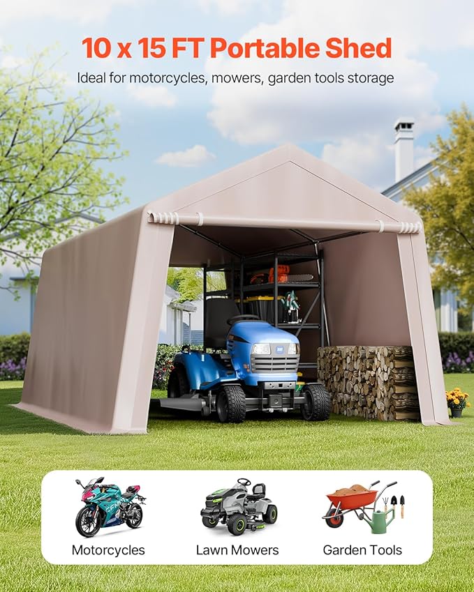 VEVOR 10 × 15 ft Outdoor Storage Shed Tent with Heavy-Duty Steel Frame, 2 Roll-Up Doors & Air Vents, Waterproof Portable Garage Carport Shelter for Motorcycle, Lawn Mower, Garden Tools – Beige