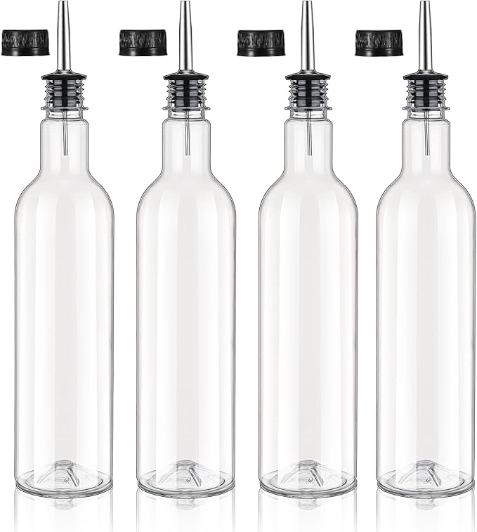 4 Pack 25 oz Syrup Bottle Plastic Long Neck Bottle with Stainless Steel Leakproof Tapered Spout Pourer and Cap Alcohol Juice Coffee Container for Home Bar Service Bartending Supplies