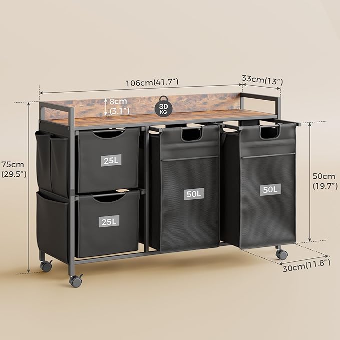 Laundry Sorter with 4 Sections, Laundry Hamper with Wheels, Laundry Basket with Small Side Pockets and Pull-Out Removable Liners,for Laundry Room Bedroom Bathroom (150L)