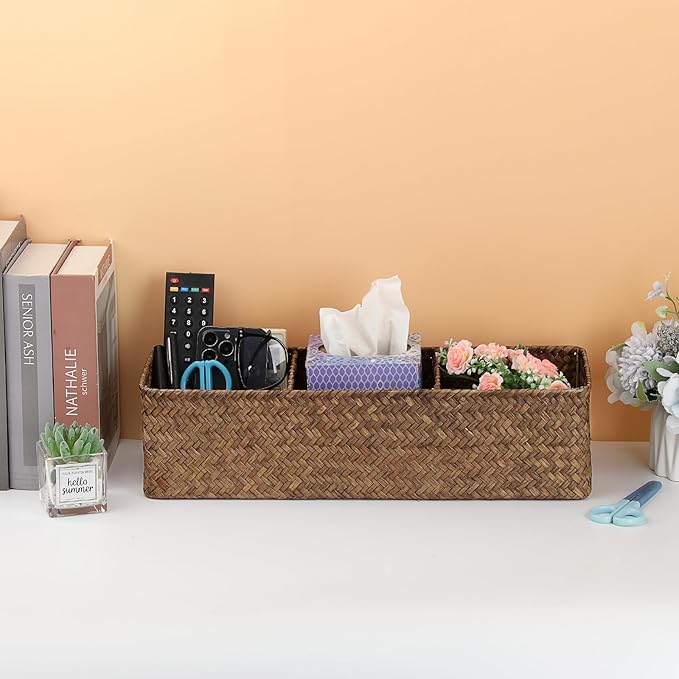 Hipiwe Handwoven Wicker Storage Box 3 Sections Seagrass Basket Bin Toilet Paper Holder for Bathroom Shelf Organizer for Kitchen Living Room, Coffee Color
