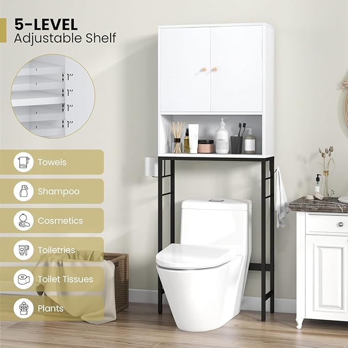 Giantex Over The Toilet Storage Cabinet, Bathroom Space Saver W/Toilet Paper Holder & Hook, Adjustable Shelf & Bottom Bar, Open Storage Cube, Over Toilet Bathroom Organizer for Laundry, Restroom