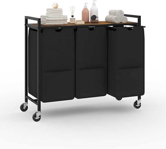 Laundry Sorter with Wheels & 100lb Top Shelf, Rolling 3 Section Removable Pull-Out Fabric Bags Hamper Basket, Sturdy Rustic Brown Black Iron Organizer for Room Organization