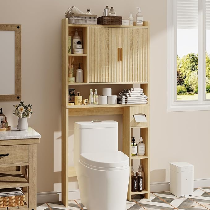 Fluted Over The Toilet Storage Cabinet, Above Toilet Bathroom Organizer with Toilet Paper Holder, Modern Behind Toilet Cabinet, Space Saver for Restroom, Bathroom, Laundry, Natural Oak