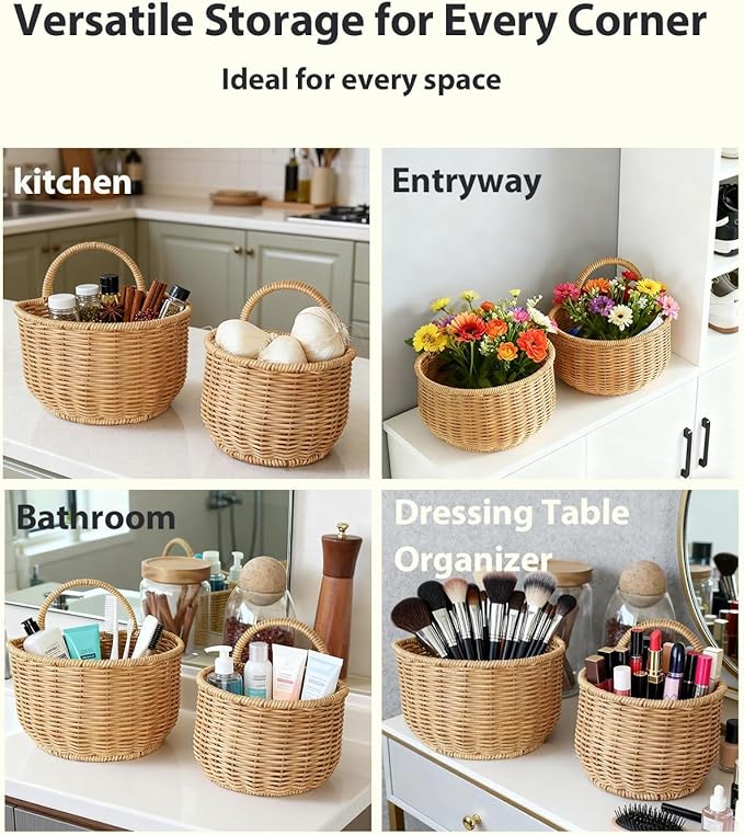 2 Pack Wall Hanging Rattan Baskets, Hand-Woven Storage Basket, Small Wall Hanging Baskets for Kitchen, Washable Decorative Basket, Potato Garlic Onion Storage Baskets