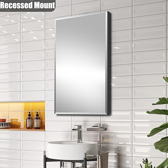 Fundin Medicine Cabinet 14 x 24 inches Mirror Size, Recessed or Surface Mount, Black Aluminum Bathroom Wall Cabinet with Mirror and Adjustable Shelves.