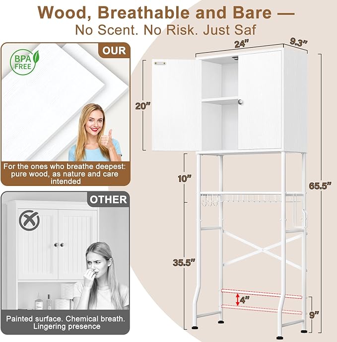 Over-The-Toilet Storage Rack, 4-Tier Bathroom Organizer Shelf Over Toilet with Barn Doors Cabinet and Basket, Freestanding Space Saver Wooden Bathroom Shelves with Paper Holder Above Toilet (White)